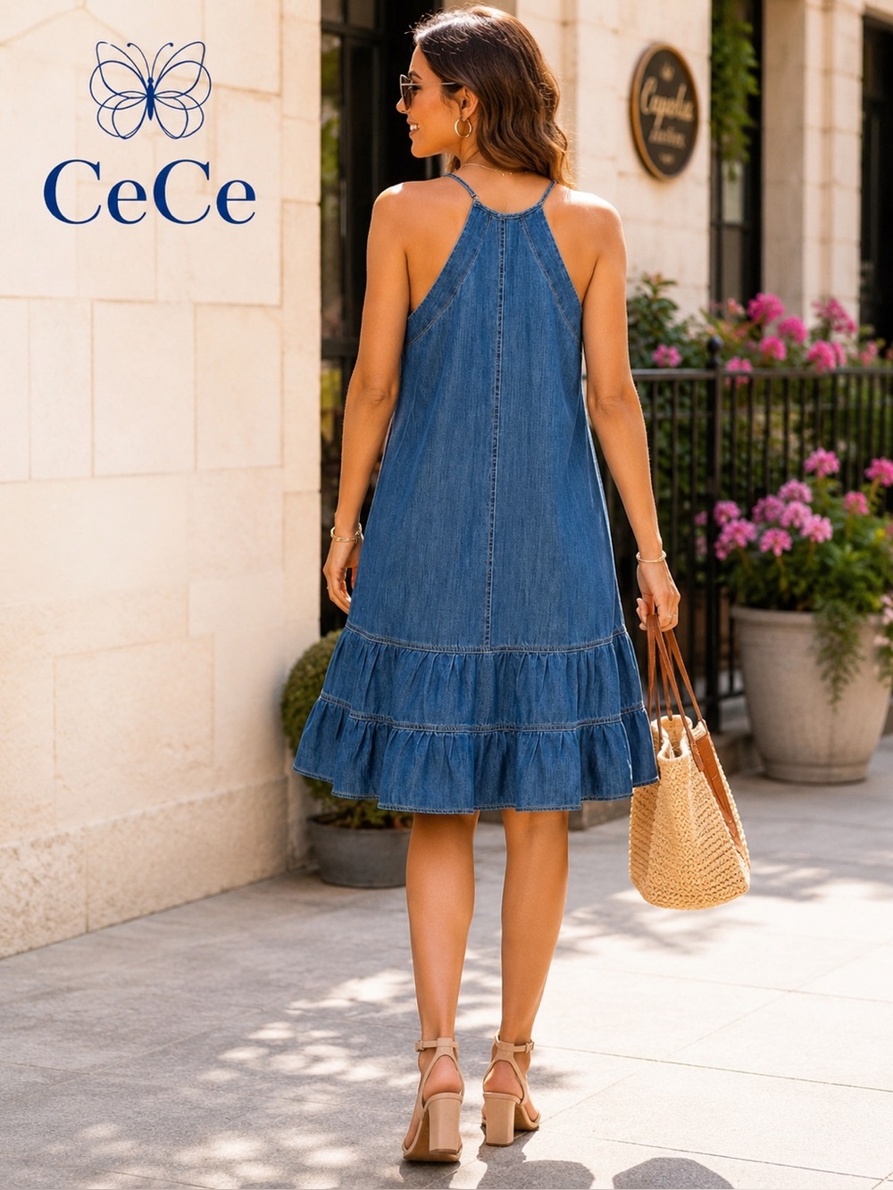 CeCe Chambray Halter Ruffle-Hem Mini Dress - Picture 2 of 3